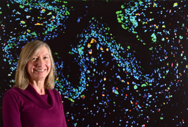 A researcher stood in front of a large image of her work